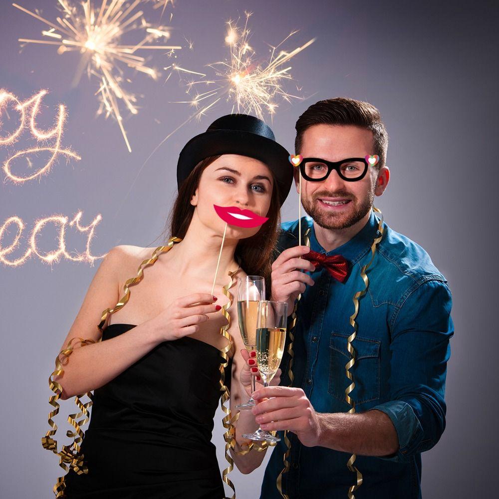 20pcs Colorful 2025 New Year Photo Booth Props Cartoon Happy New Year Decor  Birthday Party Supplies
