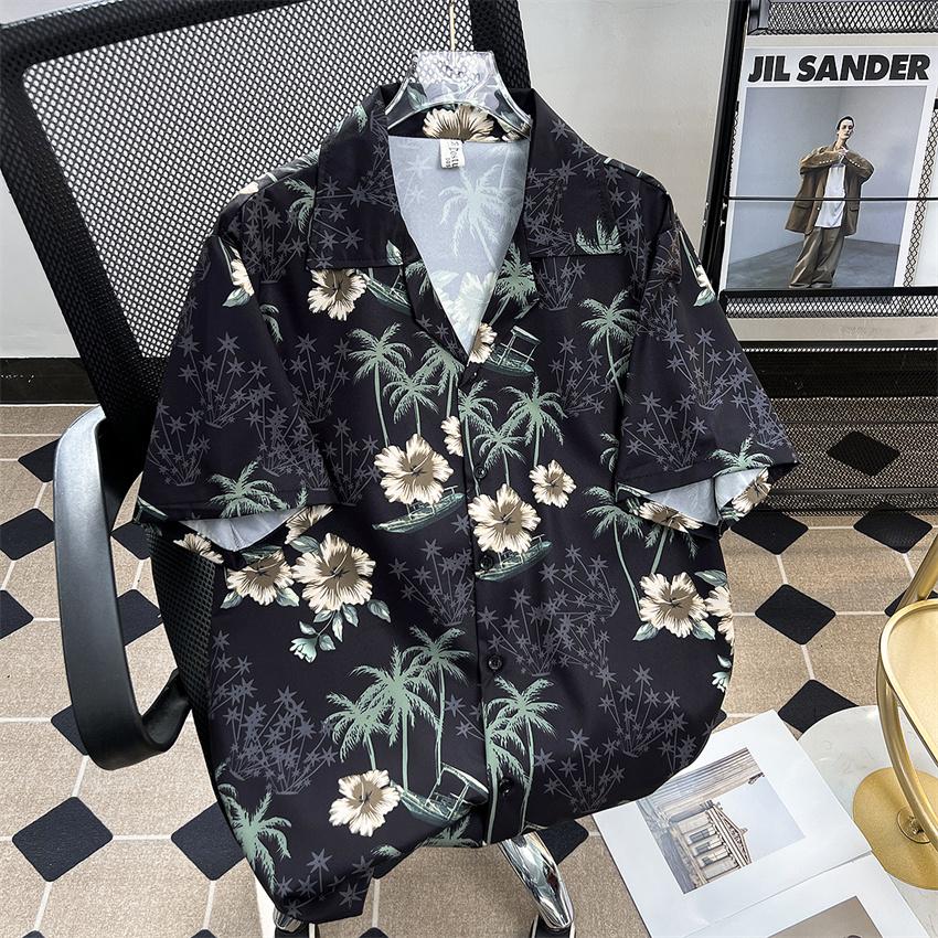Hawaiian Coconut Full Printed Floral Ice Silk Short Sleeve Shirt Men's Summer Fashion Brand Loose Vacation Style Beach Shirt