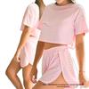2025 European & American Solid Color Hollow Out Pajama Set - Plus Size Women's Summer Short Sleeve & Shorts