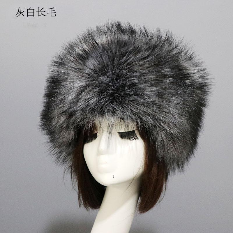 Imitation fox fur round flat top imitation fur hat thickened autumn and winter fluff Russian Mongolian hat thermal ear protection hat