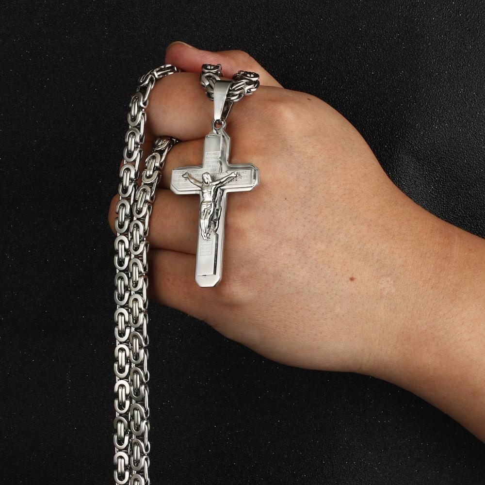 Jesus Bible Engraved Crucifix Cross Pendant Necklaces Trendy Byzantine Stainless Steel Men Chain Necklaces Fashion Jewelry NC01