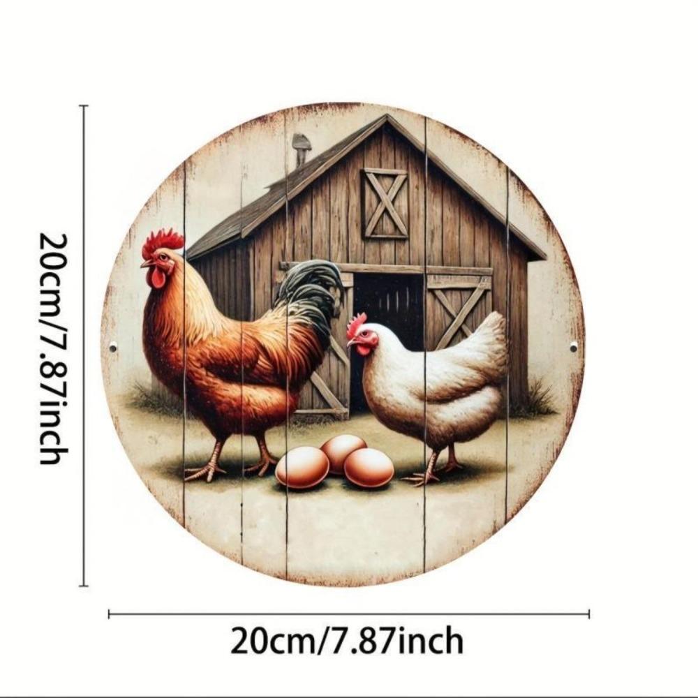 Mfoever Tin Sign Vintage Farm Rooster Hen Egg Metal Tin Sign Retro Rustic Wood Style Barn Round Wall Art Decor Classic Farmhouse Chicken Coop T