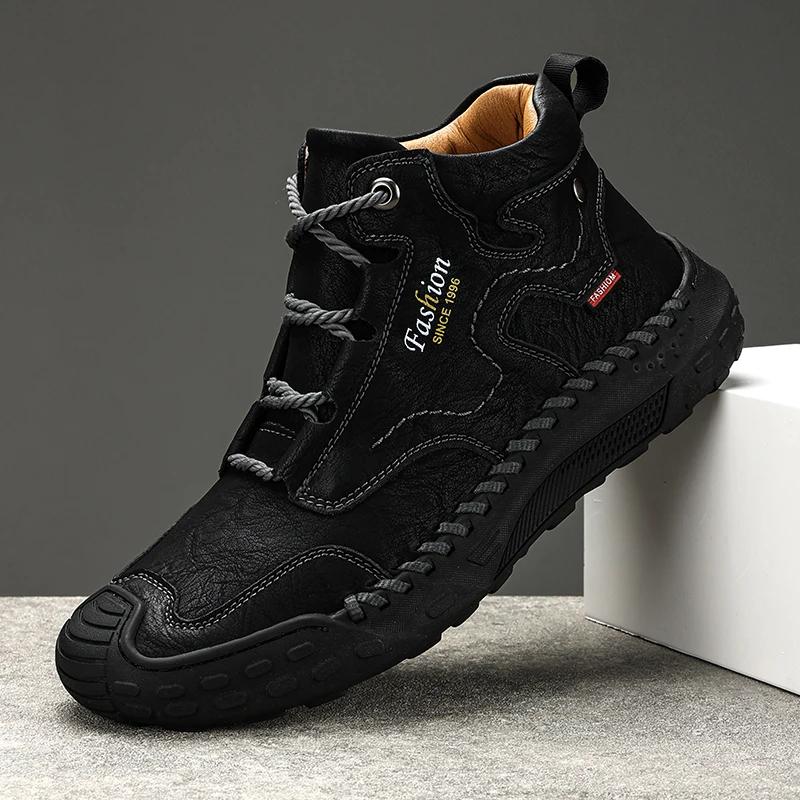 High Quality Genuine Leather Men Short Boots Handmade Mens Casual Shoes Outdoor Breathable Comfortable Man Walking Sneakers