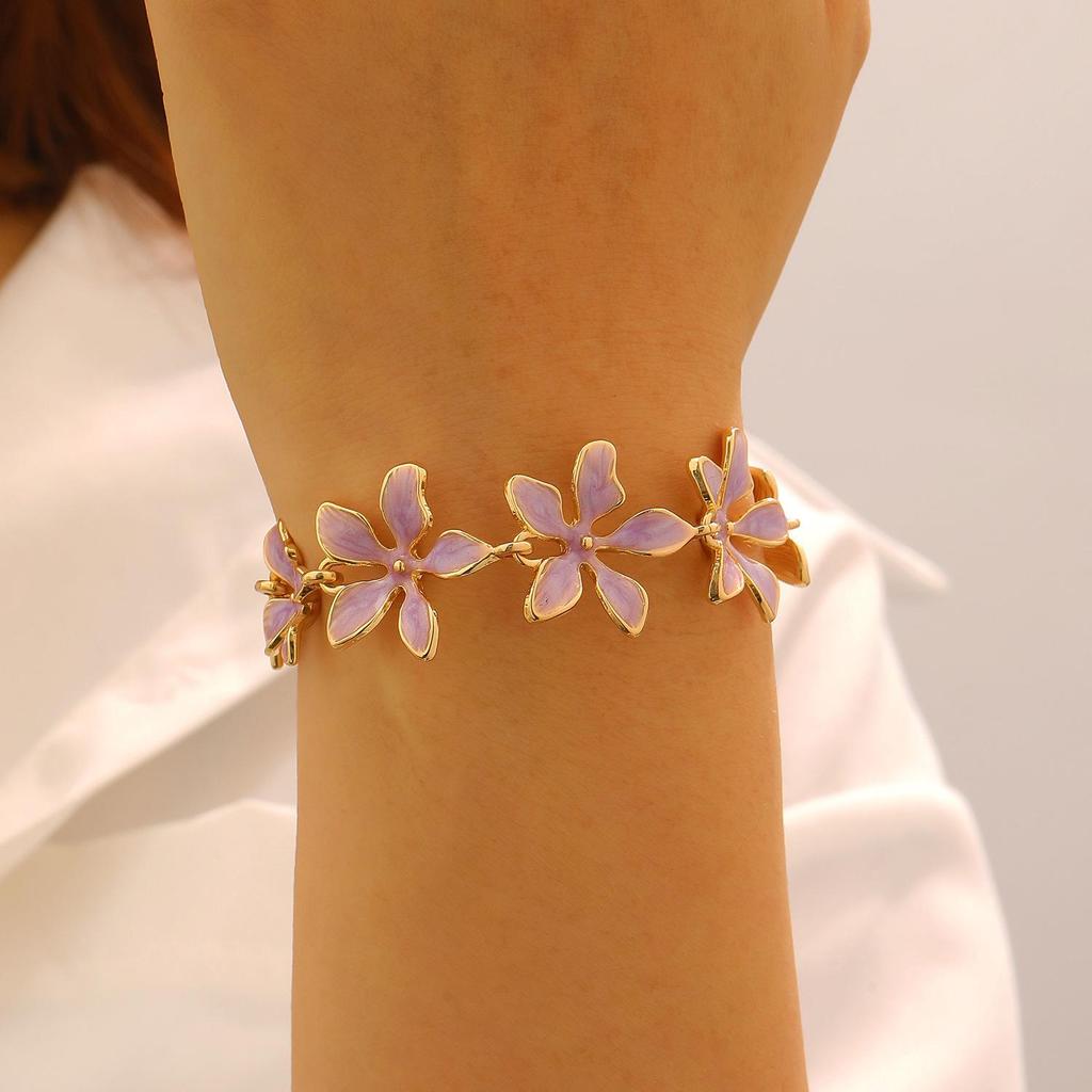 Colorful Geometric Enamel Flower Necklace & Bracelet Set for Women