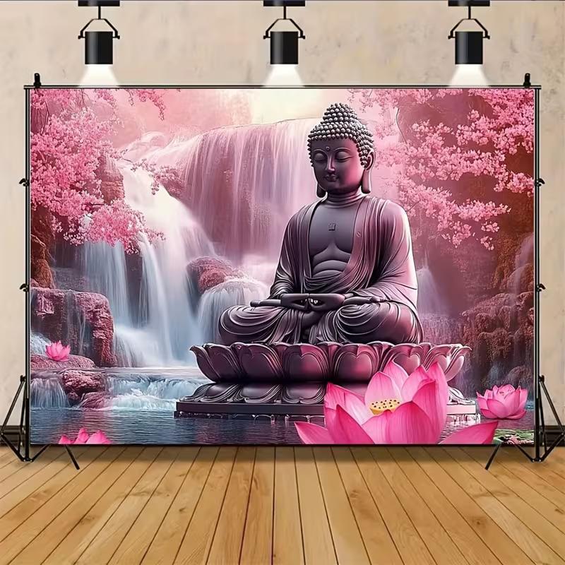 2D Buddha Meditation Backdrop, Pink Lotus & Cherry Blossom Nature Background