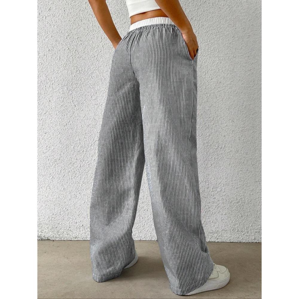 2025 New Amazon European and American Cross-border Women's Fashion Stripe Plaid Insert Color Loose Wide Leg Pants Casual Pants