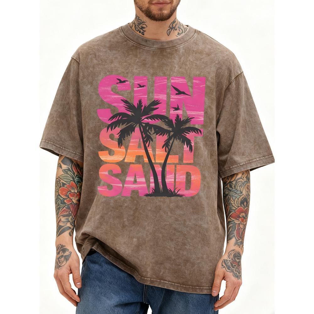 Sun Salt Sand Pattern Street Sport Streetwear Man Loose Soft Washed T Shirt Summer Casual Short Sleeve Cotton T-Shirt