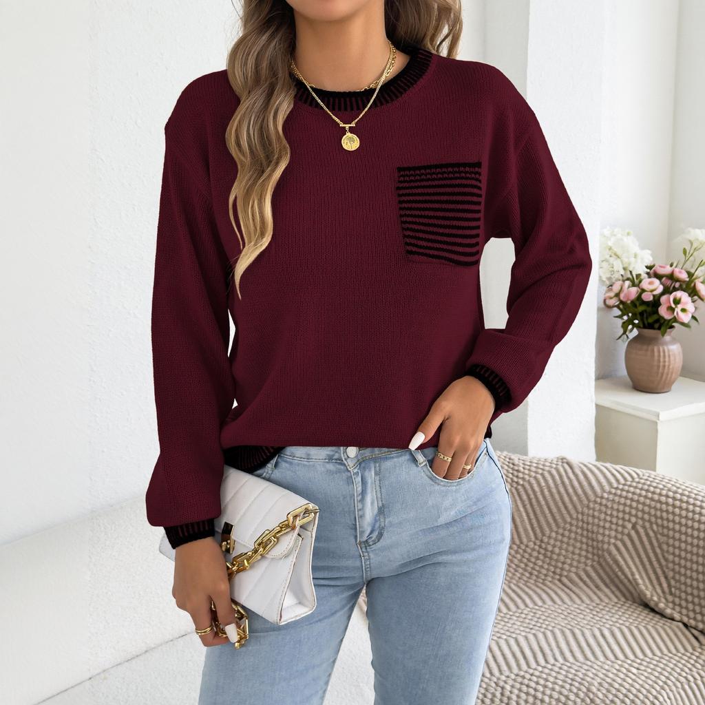 Women's Casual Striped Color Block Long Sleeve Sweater with Pockets
