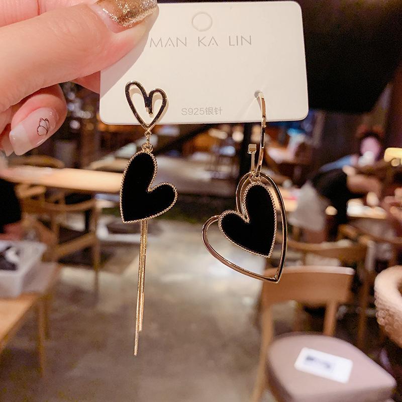 Silver needle asymmetrical hollow love long fringed earrings Korean version temperament ins tide Internet celebrity versatile earrings earrings
