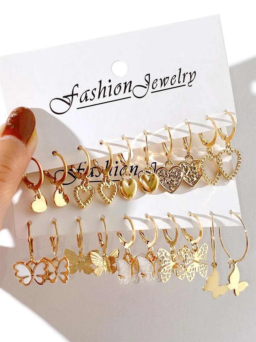 10pcs Women Earrings New Creative Simple Fashion Temperament Hollowed-out Butterfly Love Earrings Gold Color Earrings Jewelry