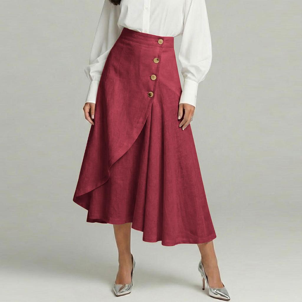 Women's Fashionable Cotton-Linen High-Waisted Button-Front Asymmetrical -Color Skirt
