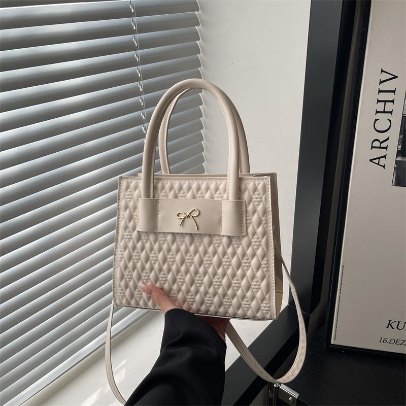 French Bow Pu Square Shoulder Bags for Women Simple Solid Color Ladies Crossbody Bag Versatile Portable Female Handbags Purse