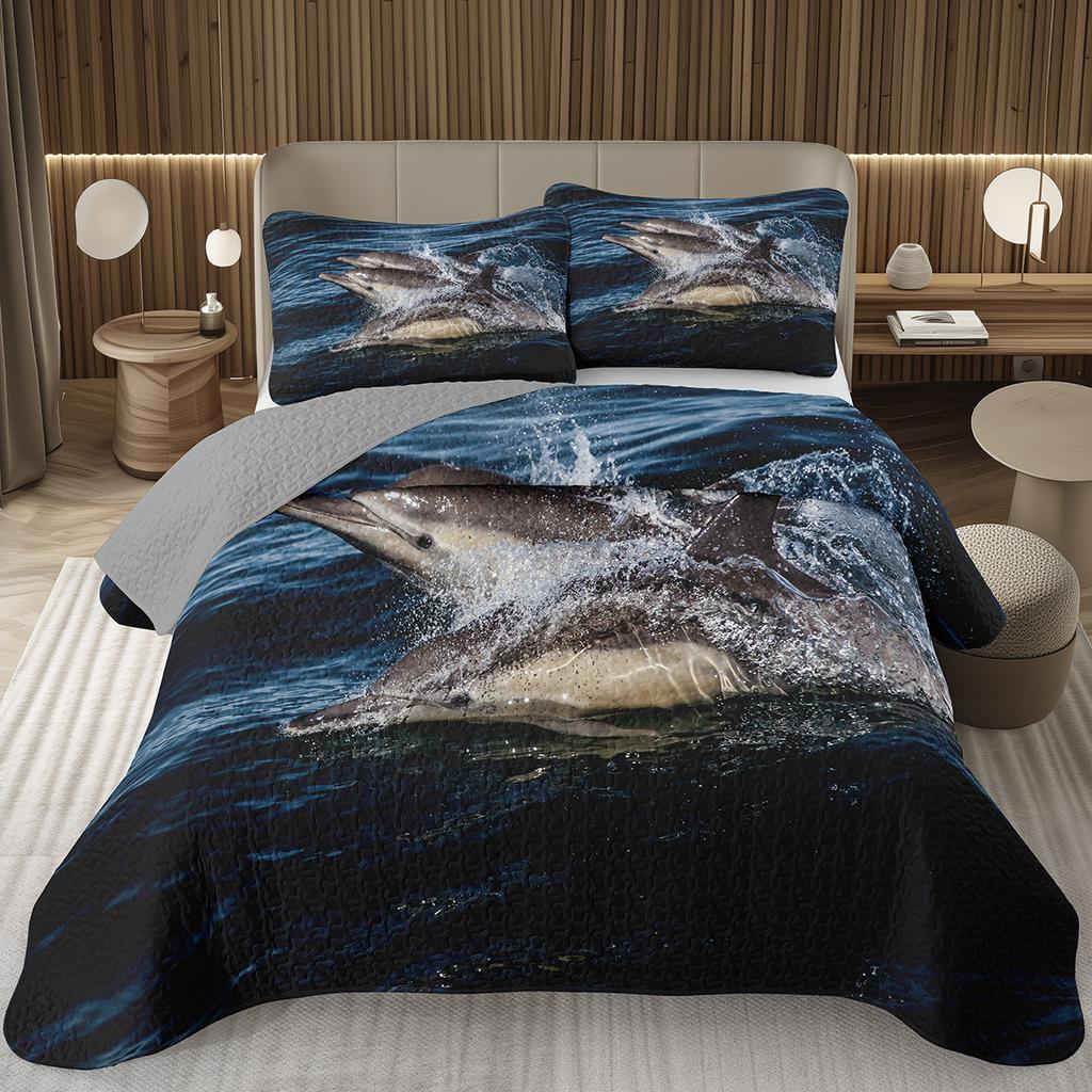 Cute Dolphin Bedspread Twin/King Reversible Grey Quilted Coverlet Ocean Animal Bedding Set 2/3 Pieces Soft Lightweight Quilt Set