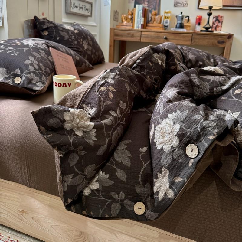 2026 Vintage Linen-like Floral Bedding Set 100% Cotton Button Soft Bed Sheets