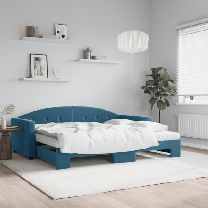 VidaXL Daybed with Trundle Bed and Mattress Blue 90x200 Cm Velvet 3197324