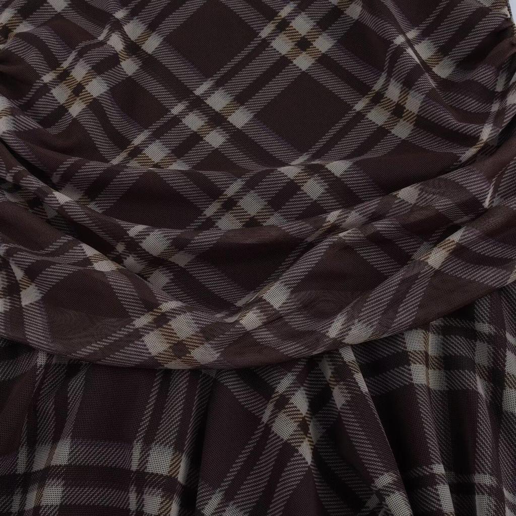 2025 Spring Asymmetrical A-Line Pleated Silk Dress: Long-Sleeved, Slim-Fit with Net Print for Women