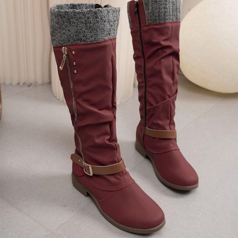 Wish large size women's shoes autumn and winter new women's leather boots side zipper high boots low heel knight boots