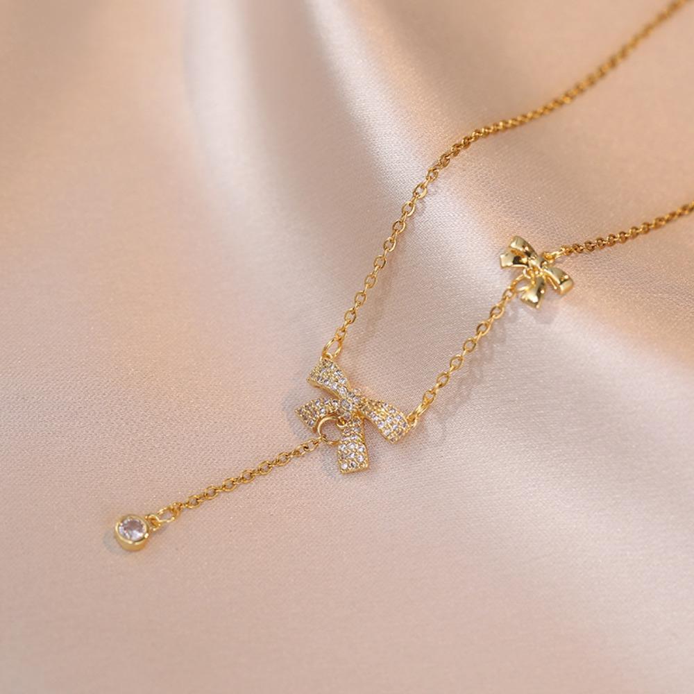 Edelstahl Exquisite Goldfarbe Zirkon Schleife Lange Anhänger Halsketten für Frauen Niedliche Korea Kragen Schmuck Geschenk Anlauffest