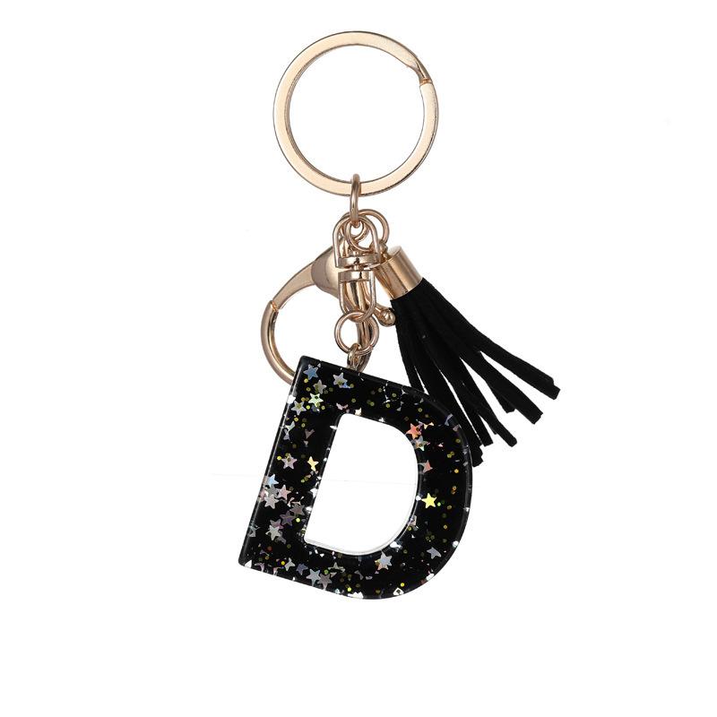 Black Glitter Star Sequins Resin 26 Letters Keychain Initials A-Z Keyring Tassel Charm Accessories Backpack Hanging Decoration