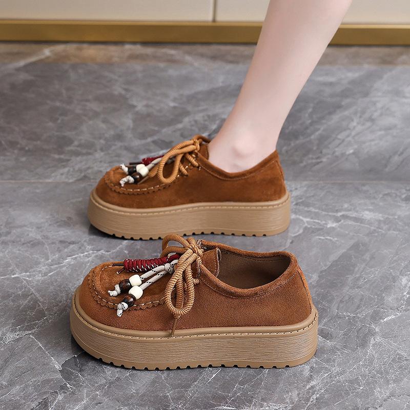 Retro fringed beaded loafers women's autumn 2025 new suede comfortable soft muffin sole casual shoes