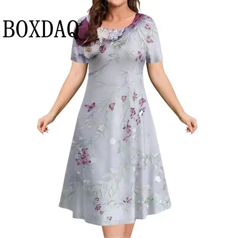 New 2025 Dresses Women 3D Flowers Printing Short-Sleeve Sundress Summer Casual Pullover Fashion Loose Ladies Dresses