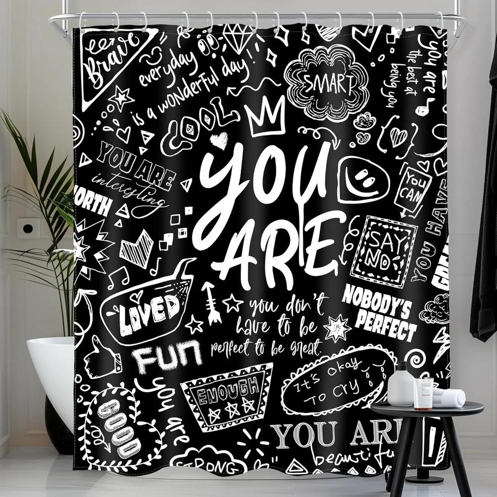 Kids Positive Quotes Shower Curtain Pink Neon Cute Funny Abstract Graffiti Girls Girly Teens You are Artwork Cloth  Waterproof