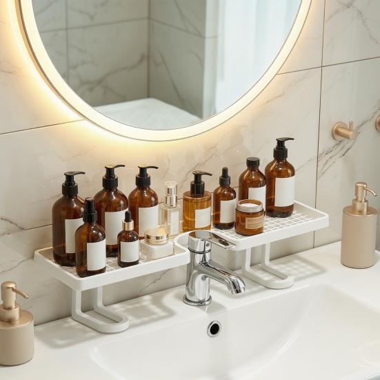 Sink Storage Rack Thickened ABS Waterproof Faucet Storage Organizer Vertical No Drilling Sink Space Saver Rack for Bathroom