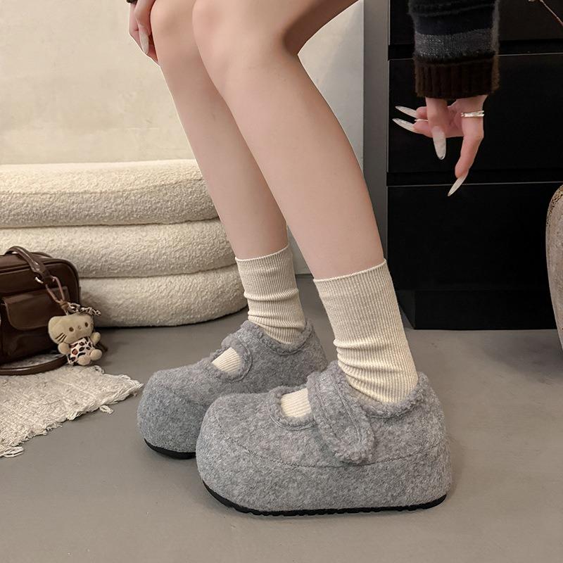 Fashion Velvet Thickened Thick-soled Mary Jane Fluffy Shoes, New Height-increasing Warm Snow Cotton Shoes for Winter Wear