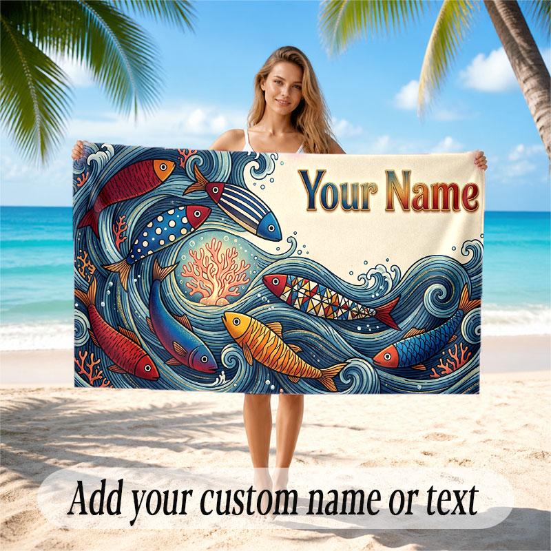 Fish Ocean Theme Beach Towel Personalized Custom Name & Text Soft Quick Dry Beach Towel for Swimming Travel
