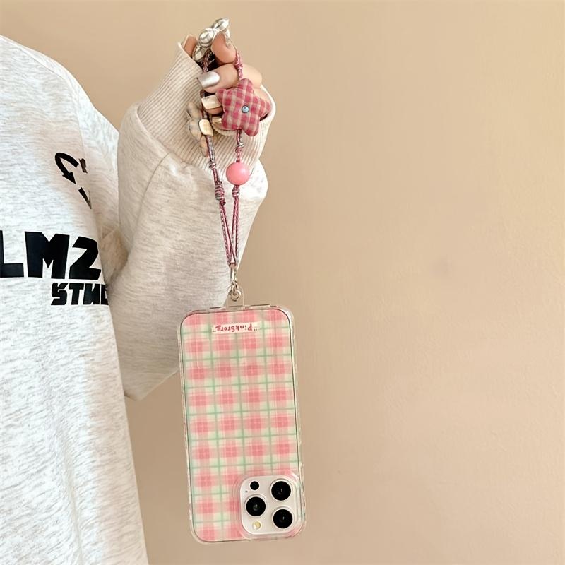 Pink Checkered Phone Case For iPhone 16 15 14 13 12 11 Pro Max X XR XS Max 7 8 Plus With Checkered Small Flowers Lanyard Cover