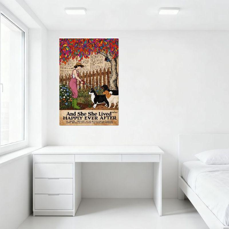 Skurriles Vintage-Garten-Frau mit Hunden beim Pflanzenbewässern Blechschild Metallposter, Märchenstil Wanddeko für Zuhause Bar Café, 8x12