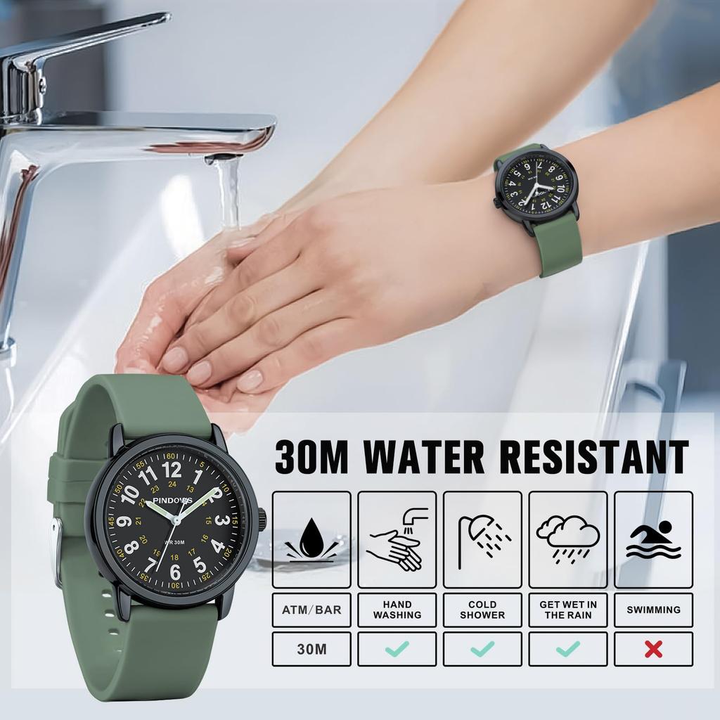 PINDOWS Analog Quartz Watch with Silicone Highly Luminous Dial for Easy Perfect for Younger Generation and Students Women's Band, Visible, Waterproof,