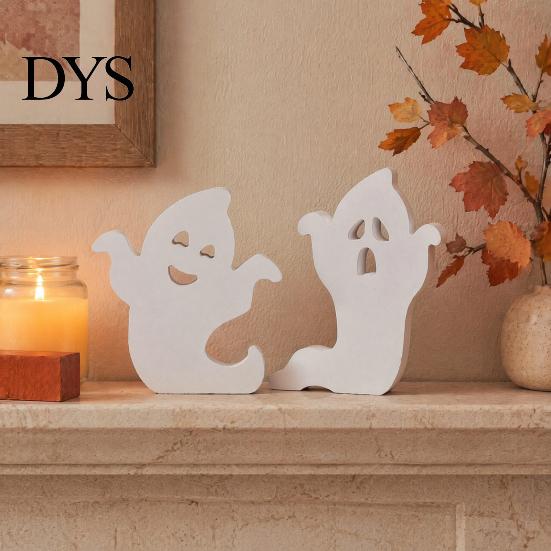 Cute Halloween Room Decor Ghost Wooden Table Sign, Spooky White Standing Modern Farmhouse Accents Block Sign for Holiday Tiered Tray Centerpiece,