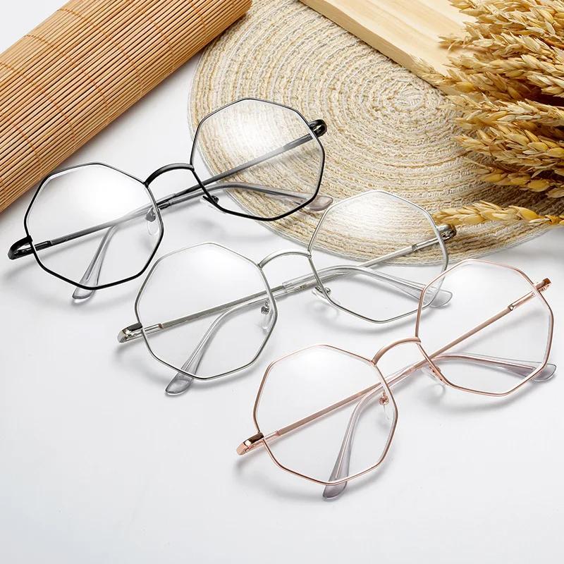 Men Vintage Anti Blue Light Glasses Frame Octagonal Women Lens Myopia Optical Mirror Simple Metal Anti-blue Clear Eyewear Frames