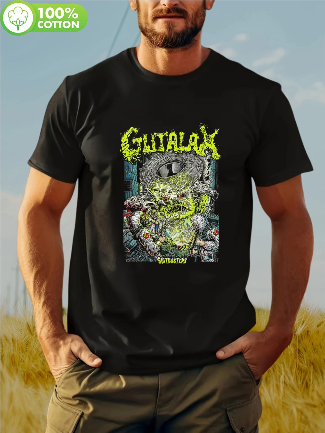 GUTALAX Band Album Graphic T-Shirt - Black Heavy Metal Tee with Neon Green & Yellow Logo & Album Art XL