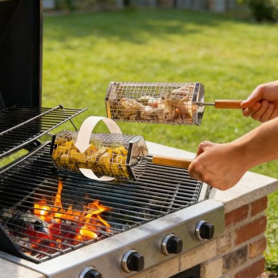 Stainless Steel Rolling BBQ Basket with Wooden Handle Rotating Grill Cage for Camping Picnics Space-Saving Nesting Design Grilling Basket for