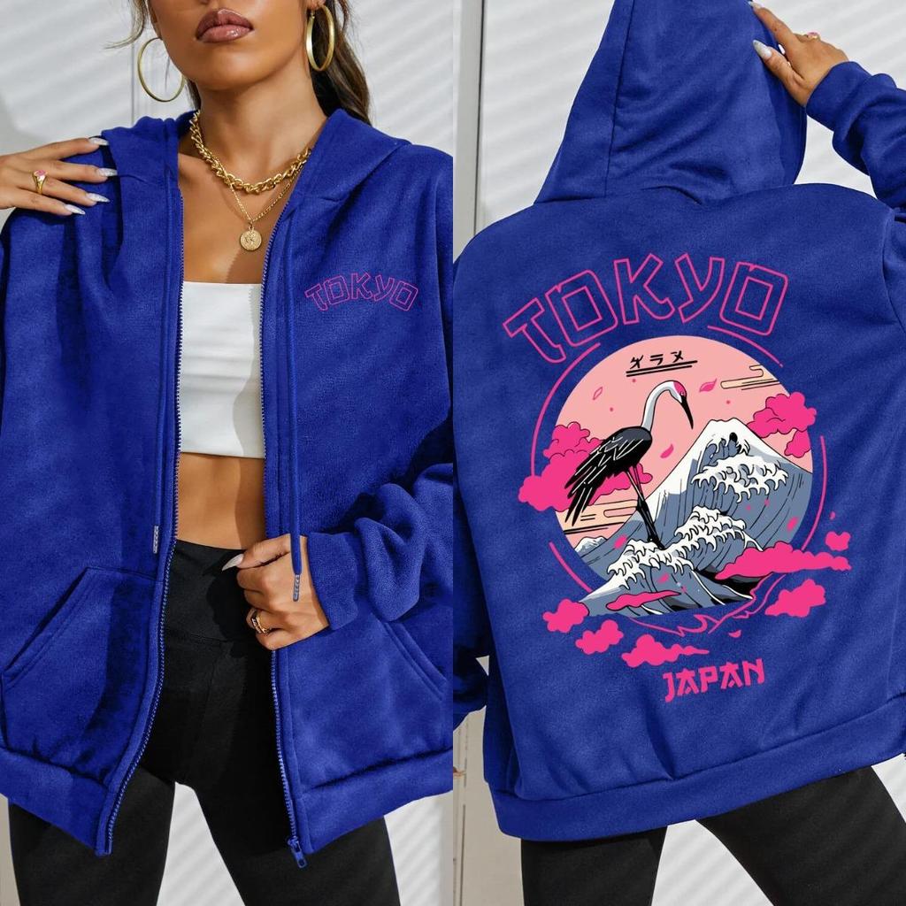Tokyo Japan Crane Waves Design Zipper Hoody Women Harajuku Loose Streetwear Fleece Soft Hoodie Autumn Female Clothes