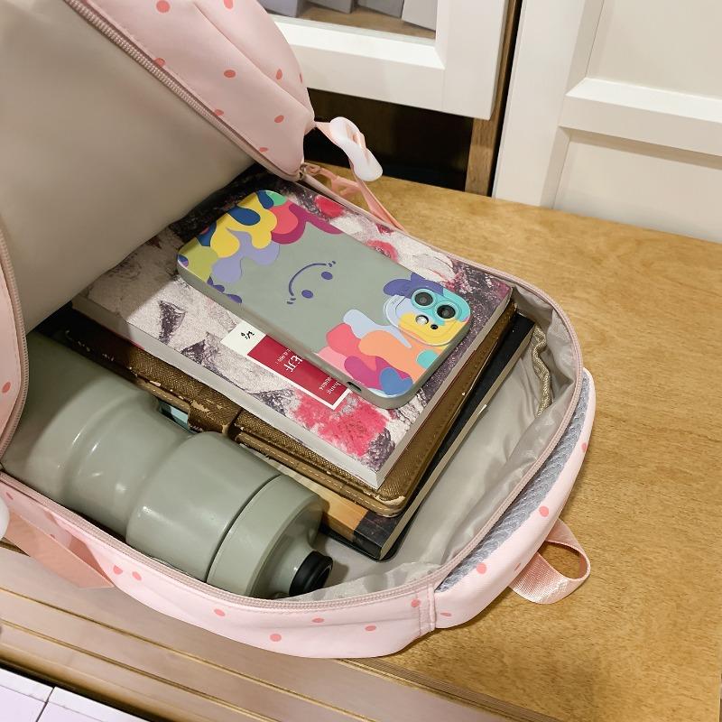 Einfacher Nylon-Rucksack mit Polka-Dots, niedliches Design, lässiger Schülerrucksack mit großem Fassungsvermögen und mehreren Fächern, geeignet für den täglichen Gebrauch und die Schule.