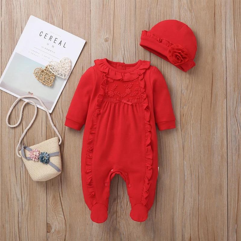 0-8 Måneder Baby Girl Klær Sett Nyfødt Baby Girl Bomullsantrekk Broderi Volanger Foot Wrap Romper+3D Flower Hat 2stk