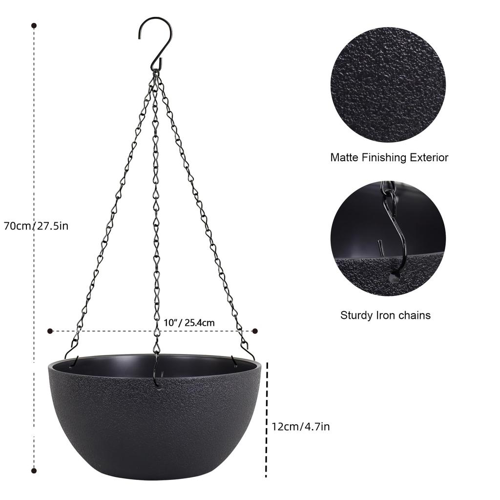 10 Inch 2 Pack Hanging Flower Pots with Drainage Holes and Chain for Garden Porch Plants, for House Plants Decor,
