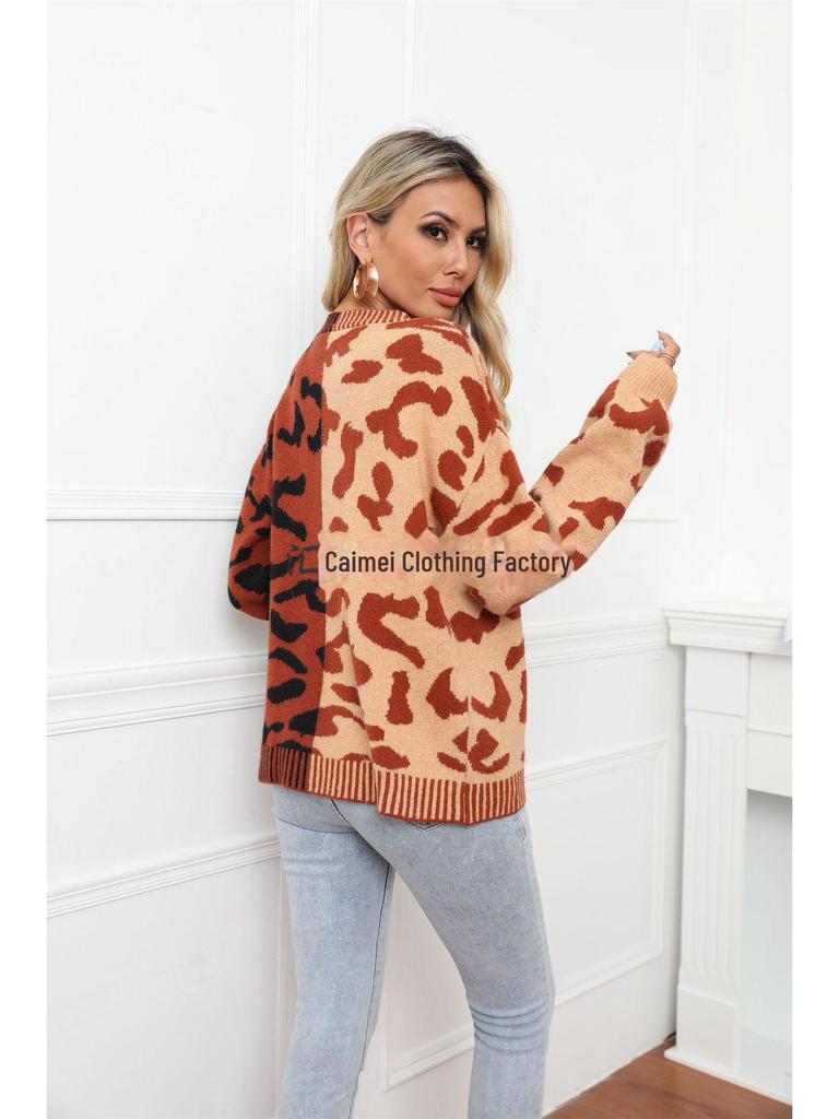European & American Leopard Print Knitted Cardigan: Autumn/Winter, Mid-Length, Round Neck, Single-Breasted, Streetwear Style, Plus Size Sweater
