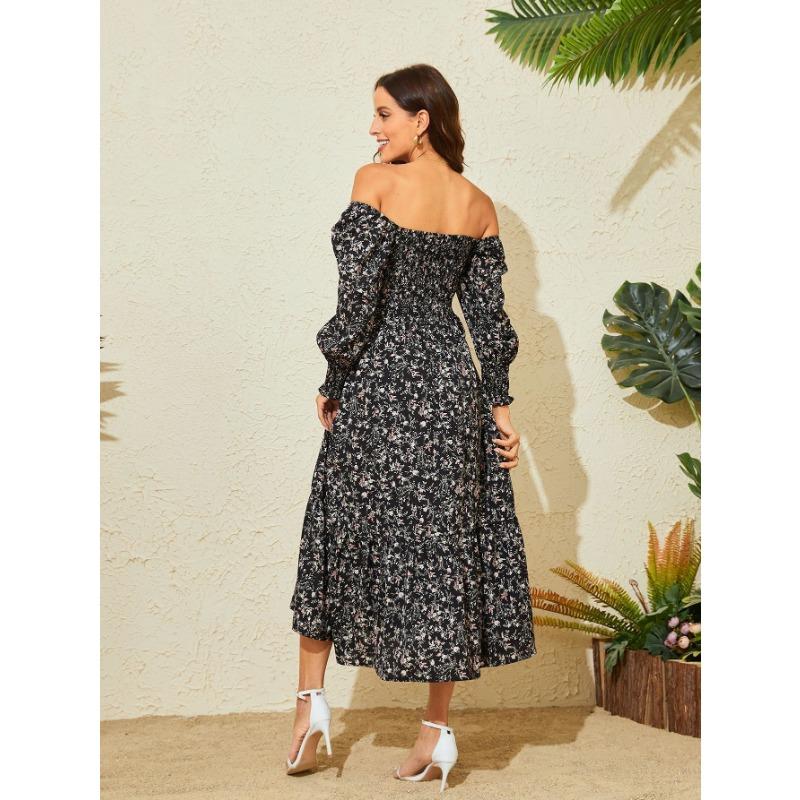YYFS Women's Fashion Spring Fall Flower Pattern Print Long Sleeve Square Collar Loose Waistline Casual Dresses