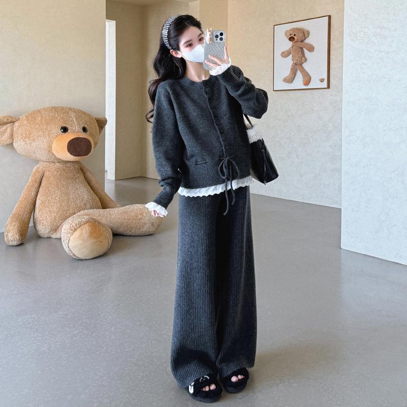 2025 Maternity Lace Patchwork Knit Sweater & Lace-up Wide-Leg Pants Set 2XL темно-серого