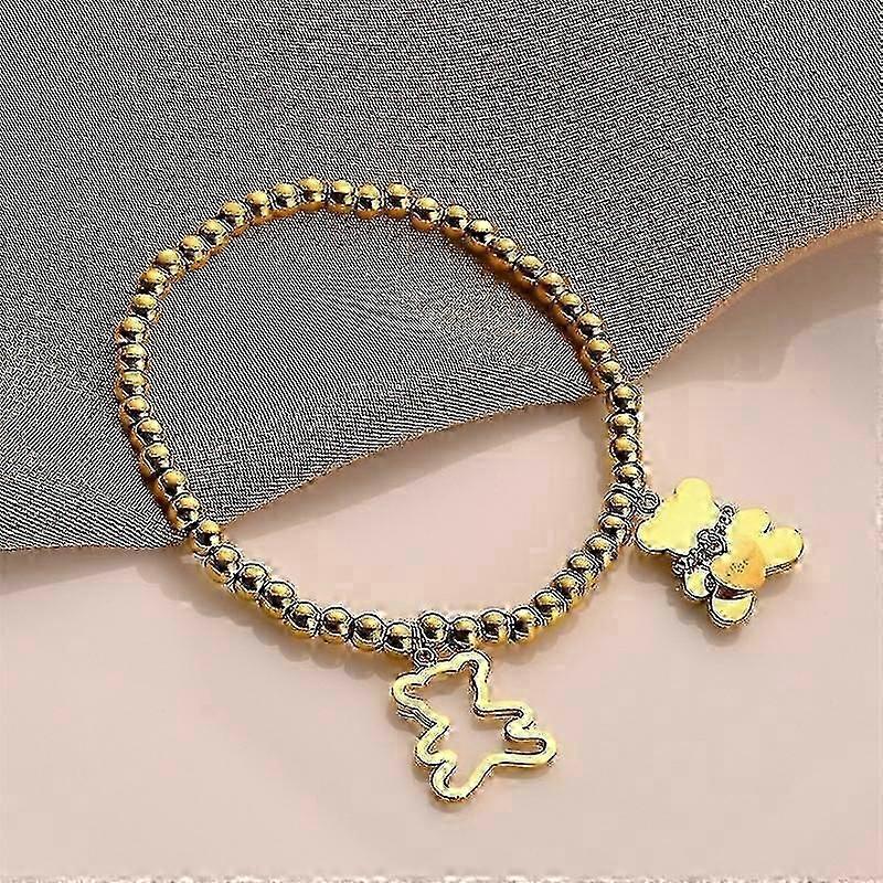 Gold Plated Bear Face Steel Beads Bracelets For Women, Bear Bracelets And Stretch Hearts Lovely Brac New Arrival