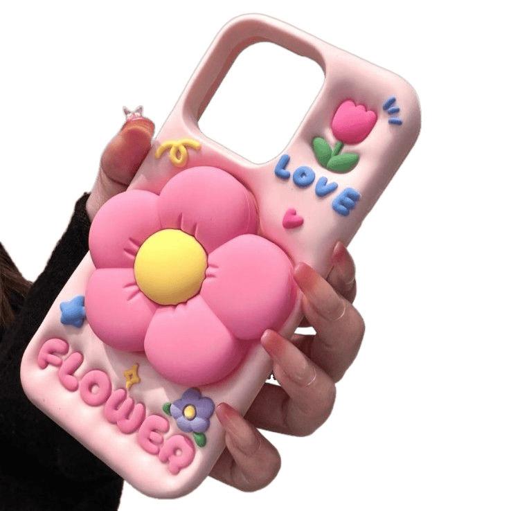 Girl's heart pink three-dimensional flower bracket for iphone16promax Apple 15 mobile phone case 14 new women