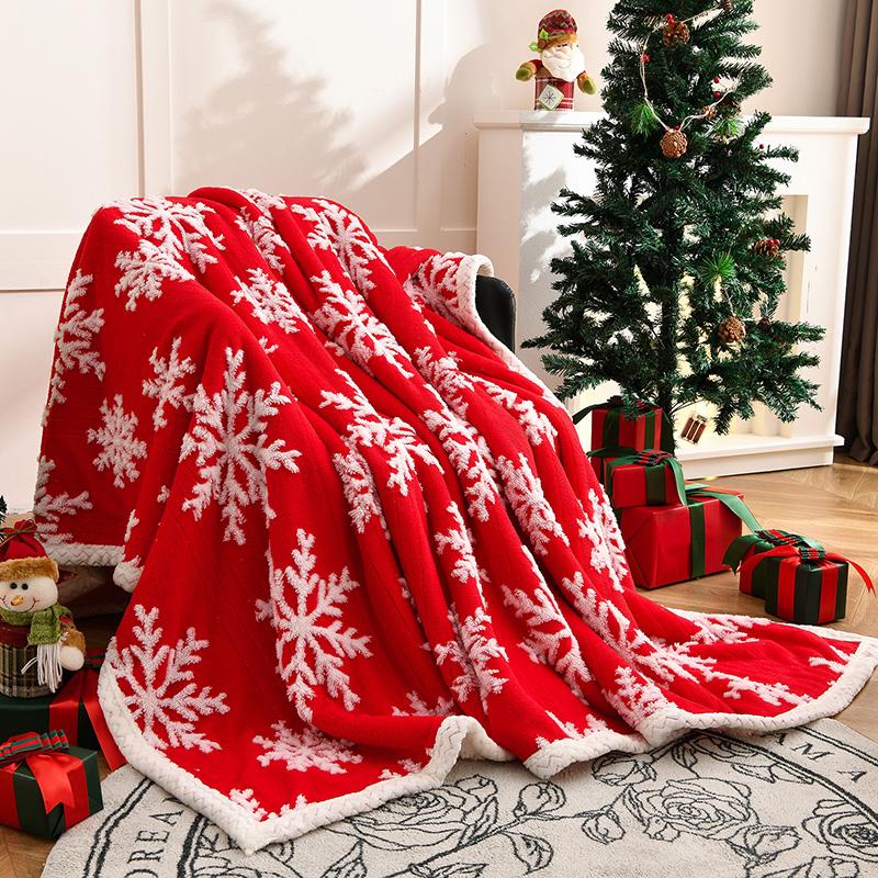 

2025 New Christmas Snowflake Fleece Blanket Double Layer Thick Warm Throws Blankets for Sofa Bed Autumn Winter Faux Wool Blanket 1.0x1.5m Kid Size червоний