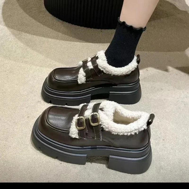 Módní podzimní a zimní britský styl malé kožené boty pro ženy Nové studentské japonské vintage plyšové teplé bavlněné boty pro ženy