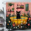 Black Cat In Yellow Bathtub Shower Curtain Floral Garden Funny Cat Family Pet Cute Animal Design Bathroom Polyester Curtains Set