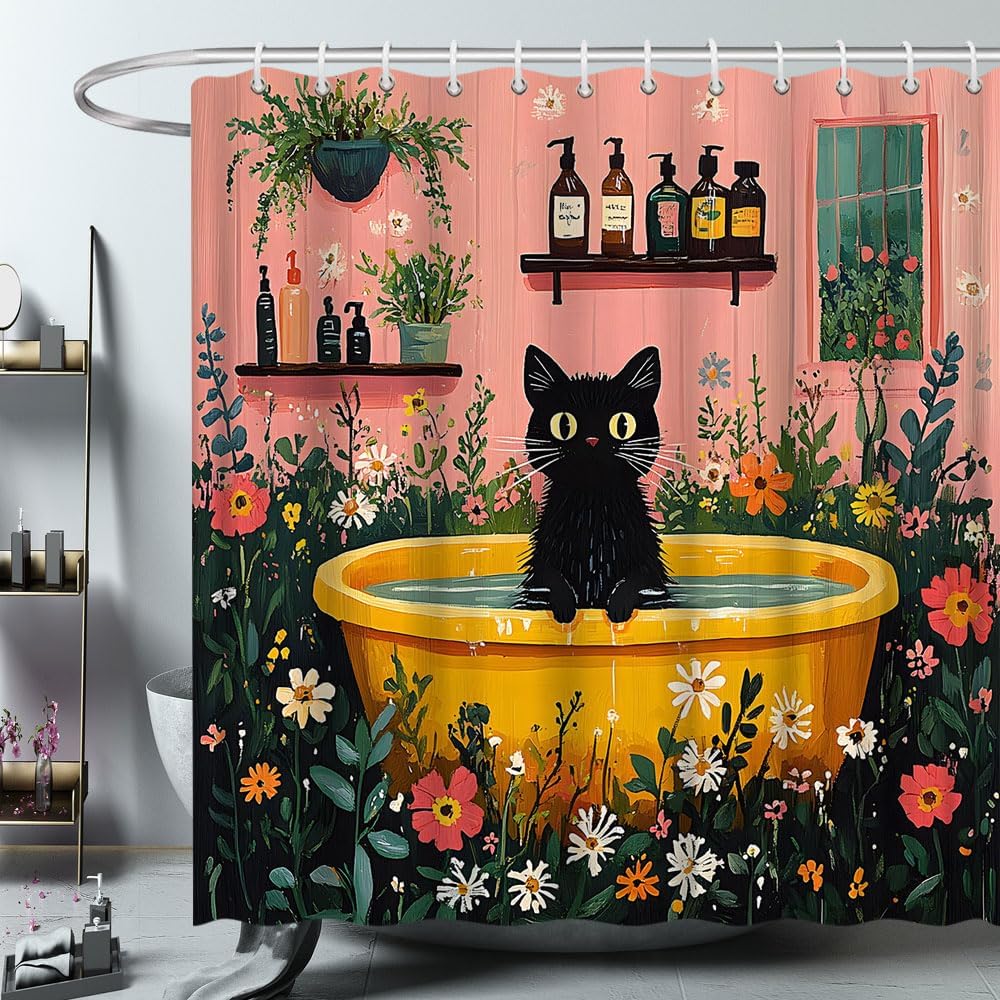 Black Cat in Yellow Bathtub Shower Curtain Floral Garden Funny Cat Family Pet Cute Animal Design Bathroom Polyester Curtains Set