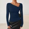 Women's Fashionable Long-sleeved Asymmetrical Collar Fitted Casual Knitted Top